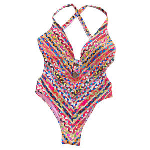Sam Edelman Swim Medium One Piece Plunge Multicolored Raffia Print Bathing Suit